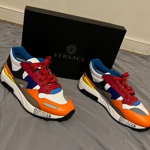 Mens Versace trainers, size 44.5, orange/blue/white/red